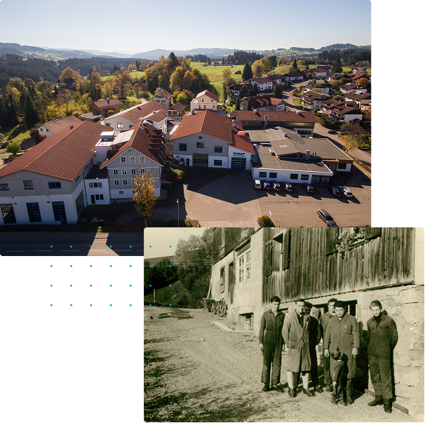 Luftaufnahme des heutigen PFAFF-Standorts neben einem historischen Foto der ursprünglichen Werkstatt und ihres Teams