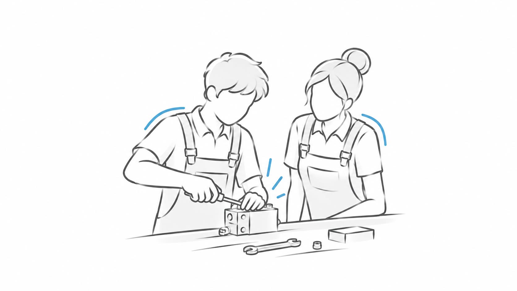 Illustration: Two apprentices working together on a workpiece – teamwork
