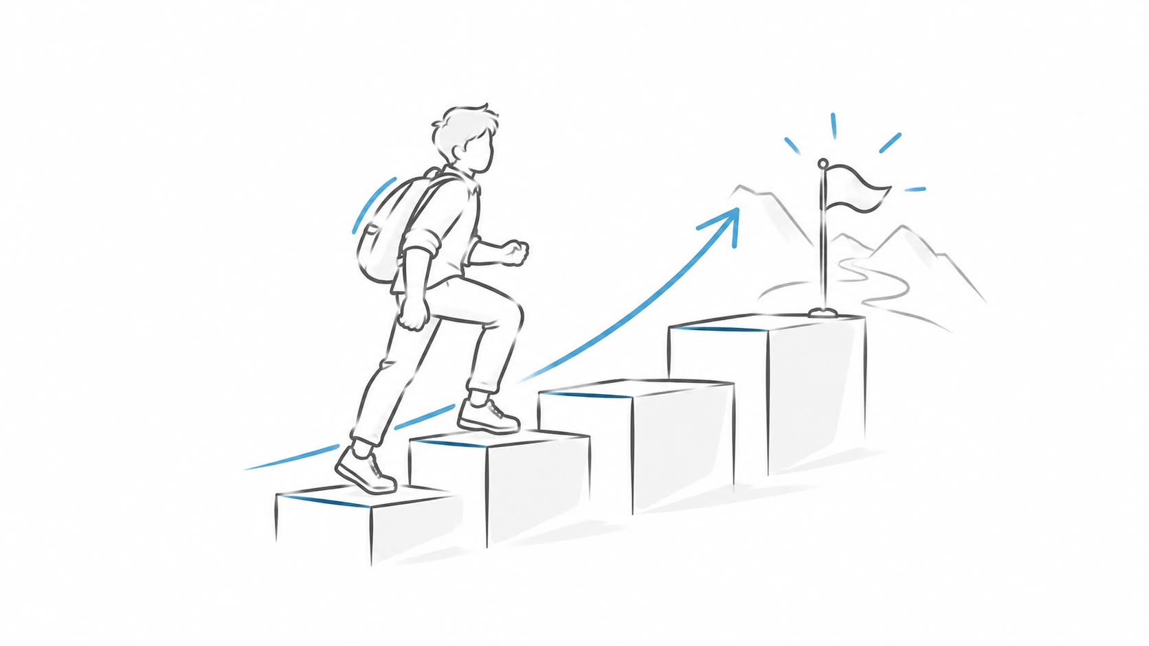 Illustration: Person climbing steps towards a finish flag – further development