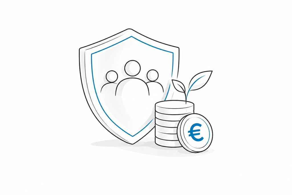 Illustration: Shield with team and coins – pension and social security