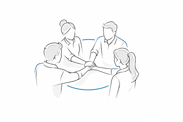 Illustration: Team putting hands together – family-like atmosphere