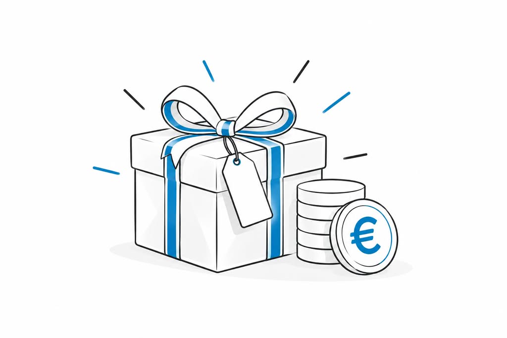 Illustration: Gift with coins – holiday and Christmas bonus