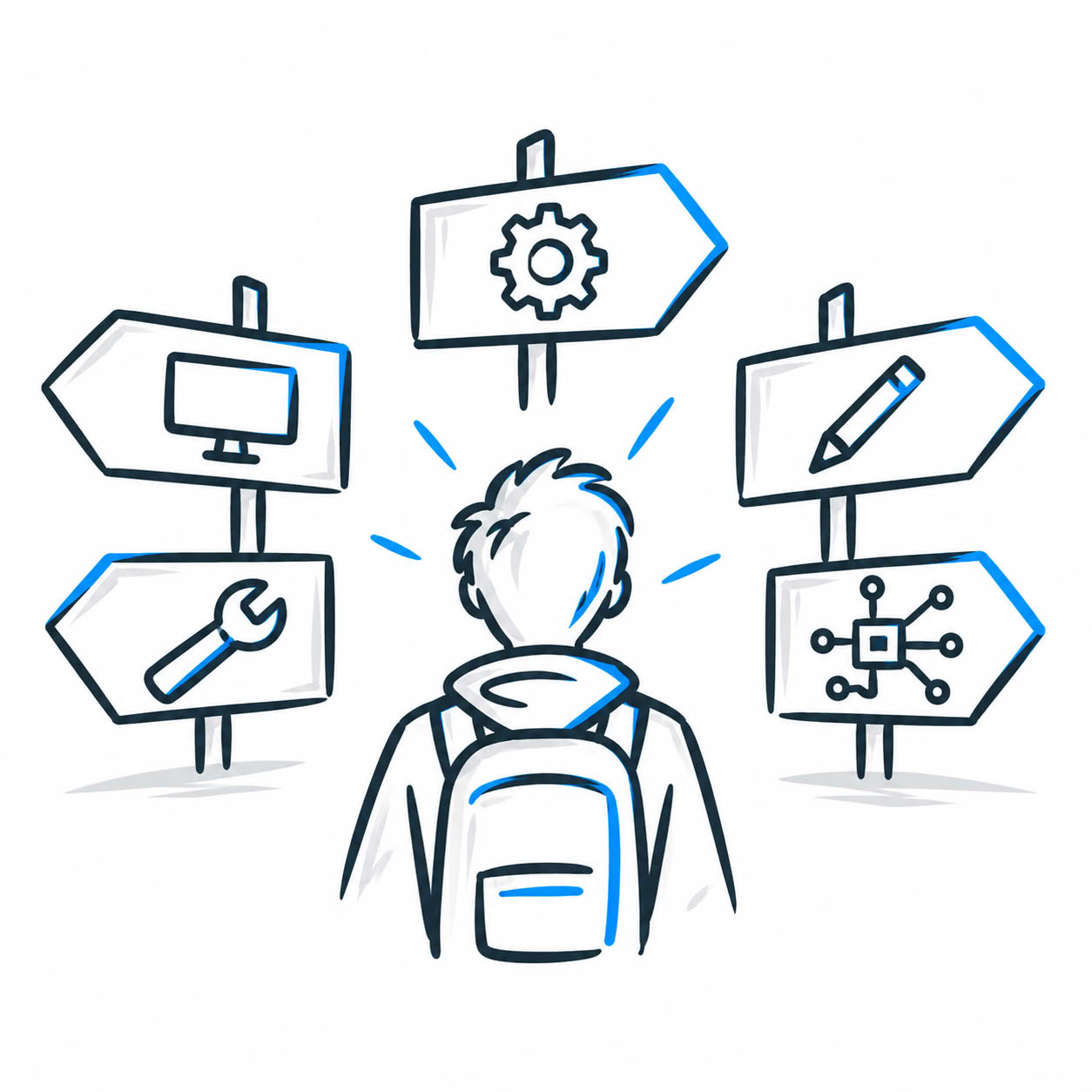 Illustration: Young person in front of signposts with various career symbols