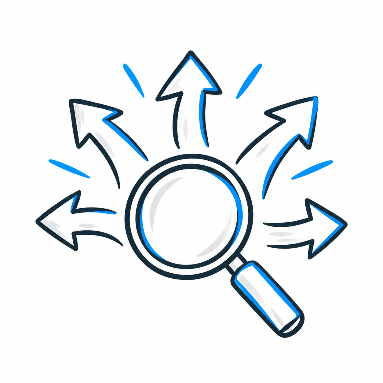 Illustration: Magnifying glass with arrows pointing in different directions