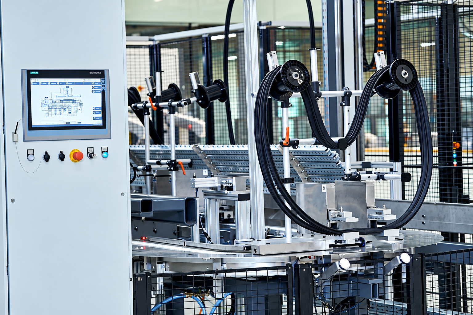 Spleißstation mit Bedienfeld in einem integrierten Produktionssystem