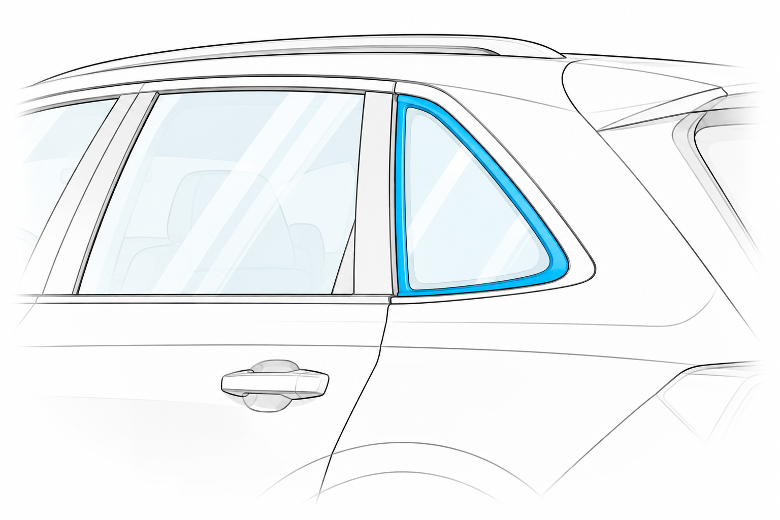 Line drawing of a vehicle with a highlighted body fixed side window