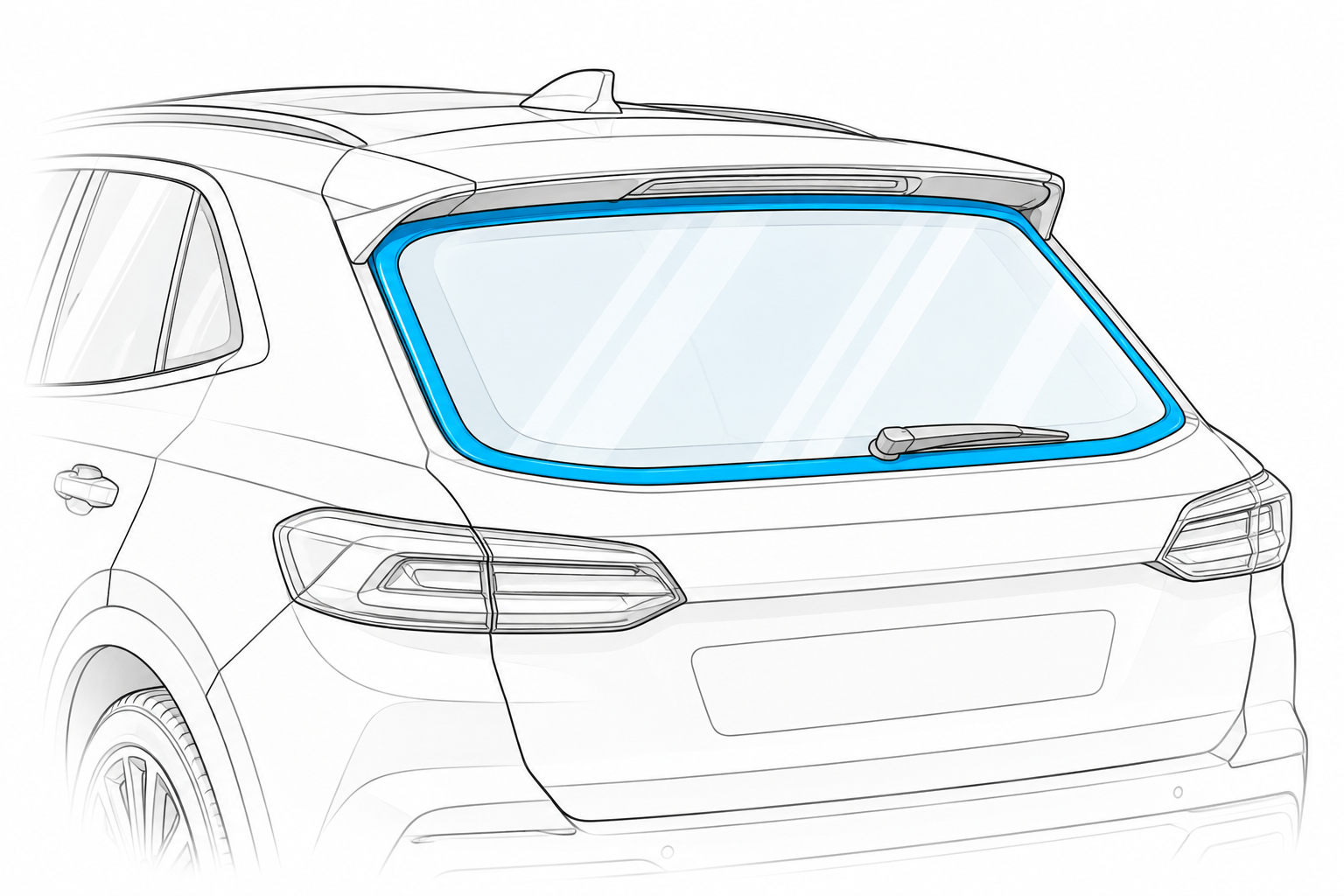 Line drawing of an SUV rear view with a highlighted backlight