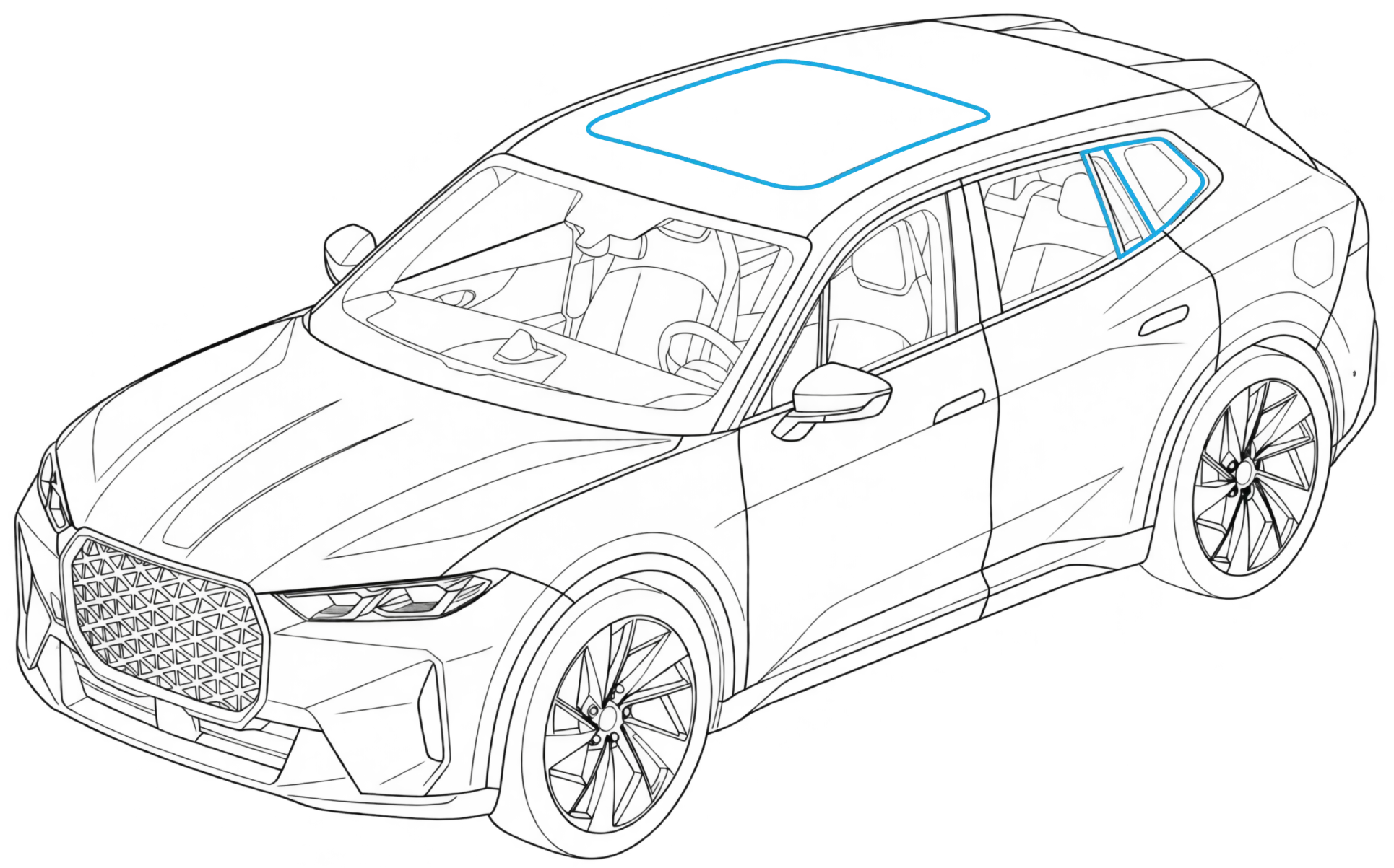 Line drawing of a vehicle front view highlighting glazing system positions