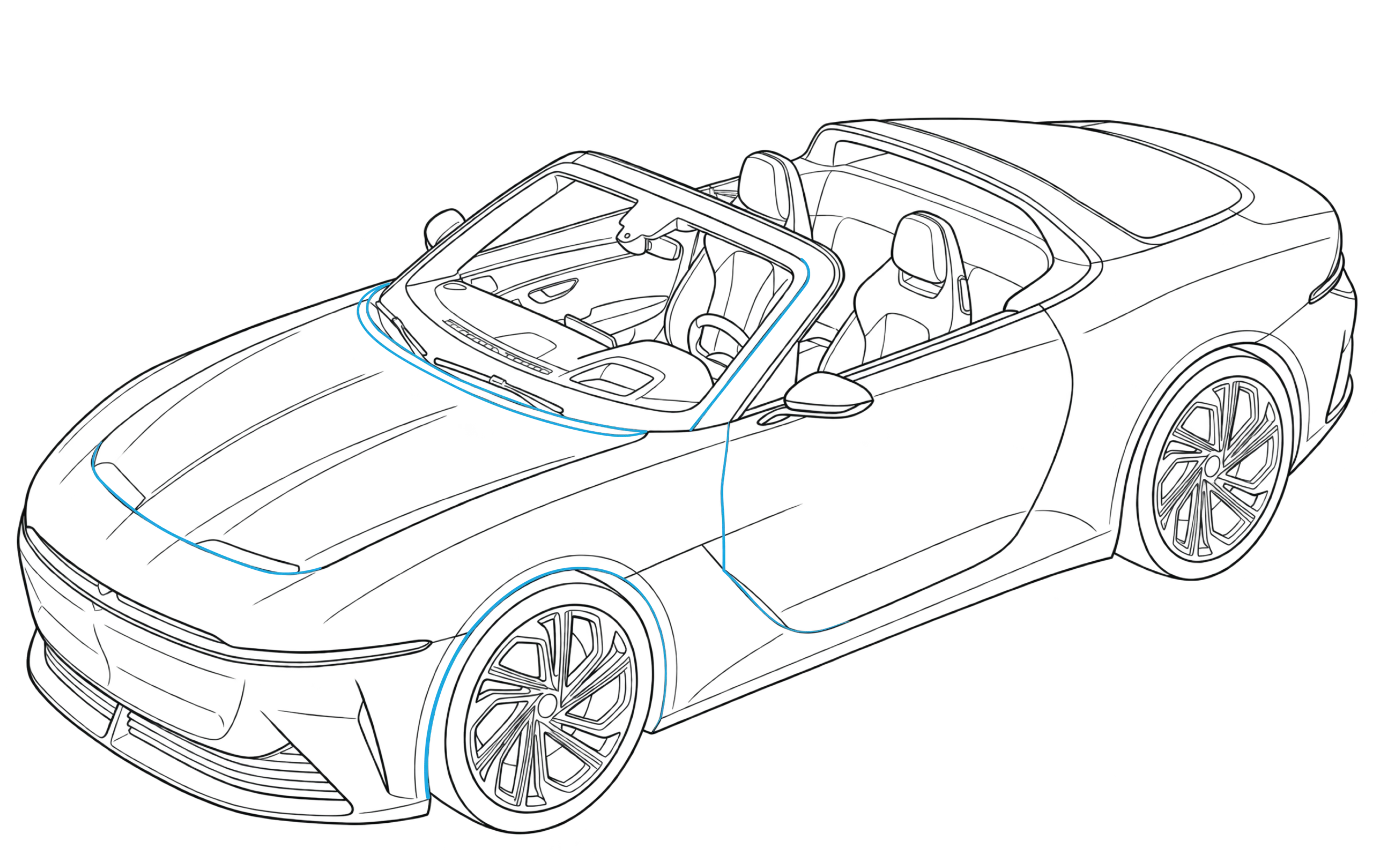 Line drawing of a convertible front view highlighting sealing positions