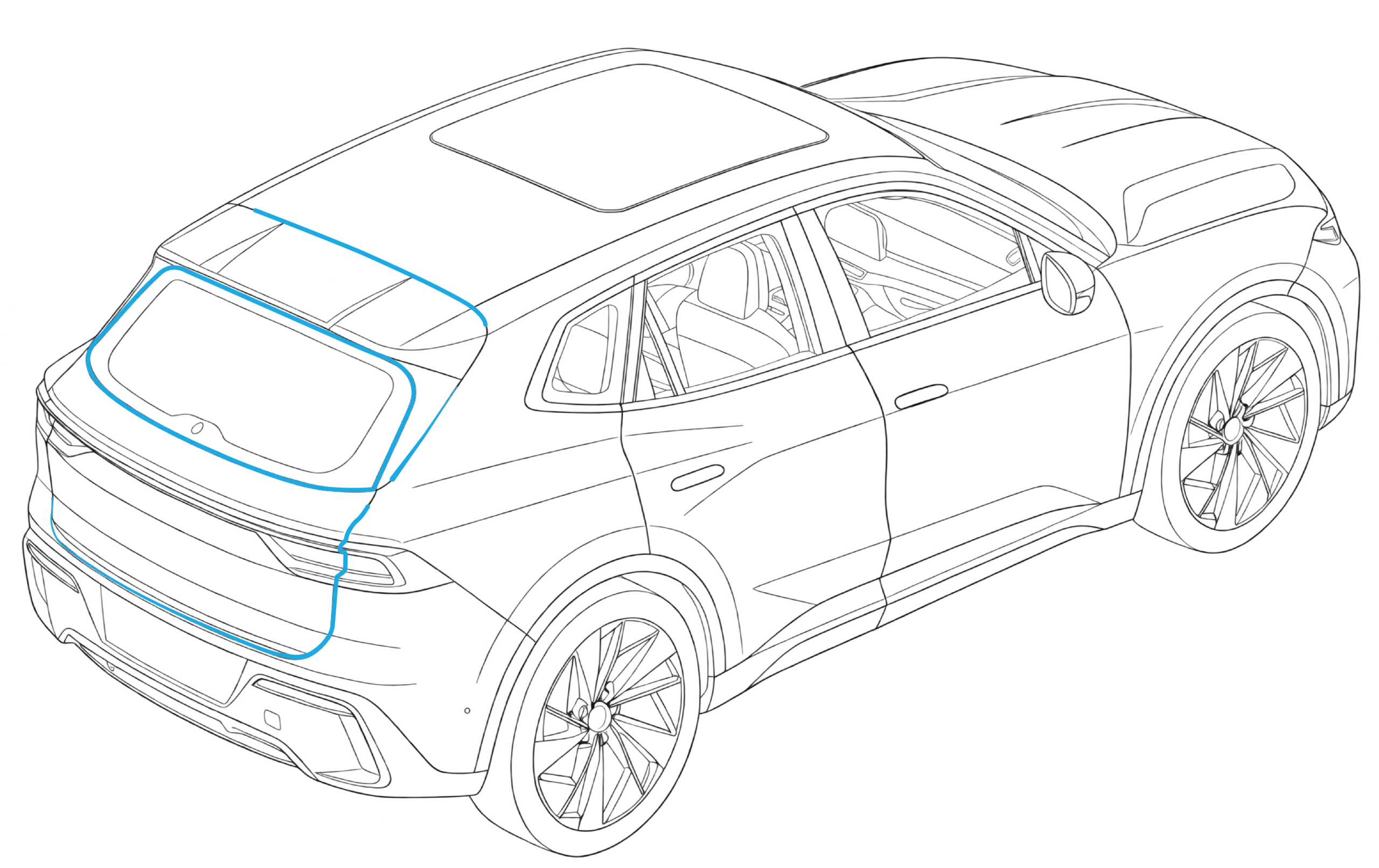 Line drawing of an SUV rear view highlighting sealing and glazing positions
