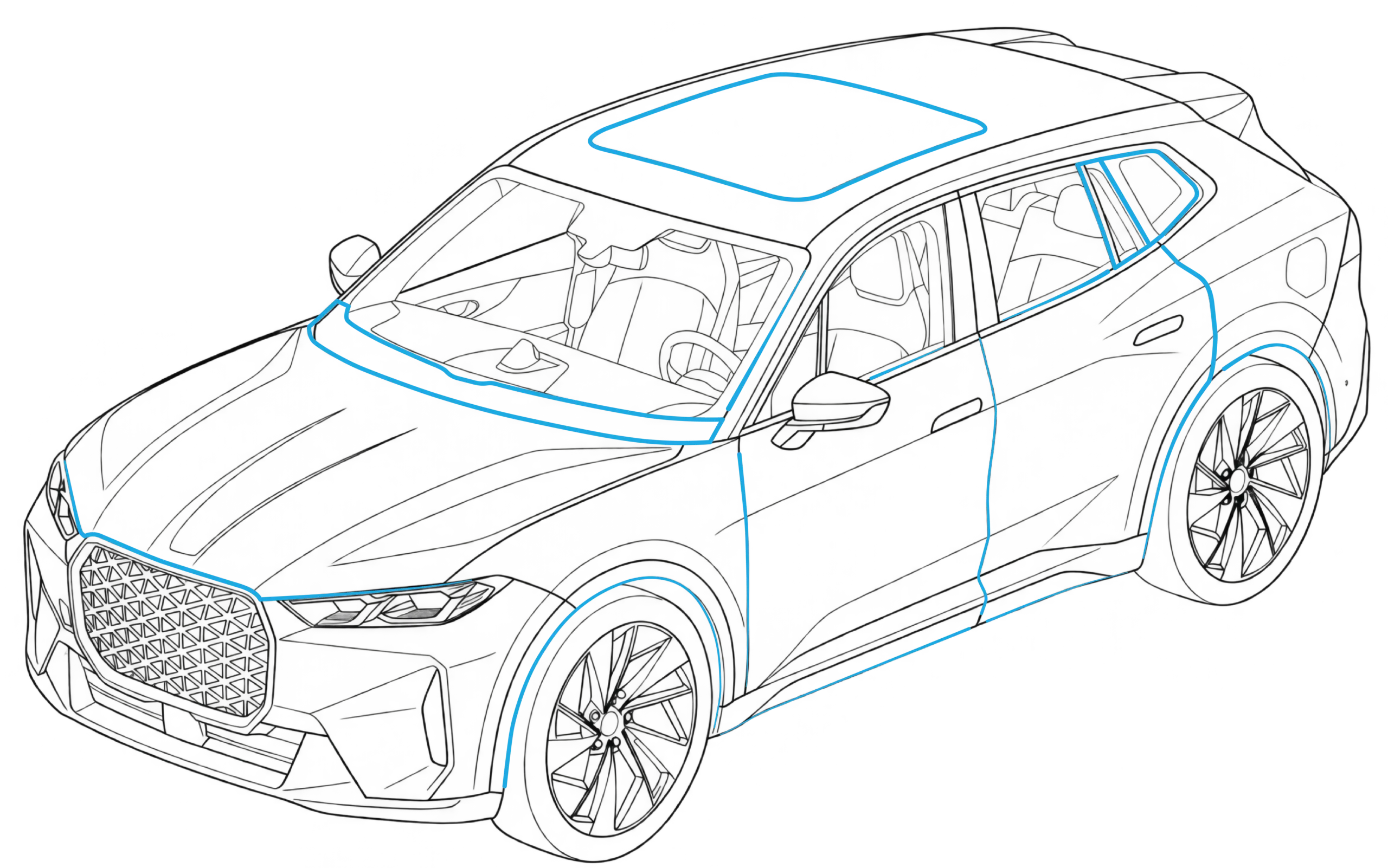 Line drawing of an SUV front view highlighting automotive sealing and glazing positions
