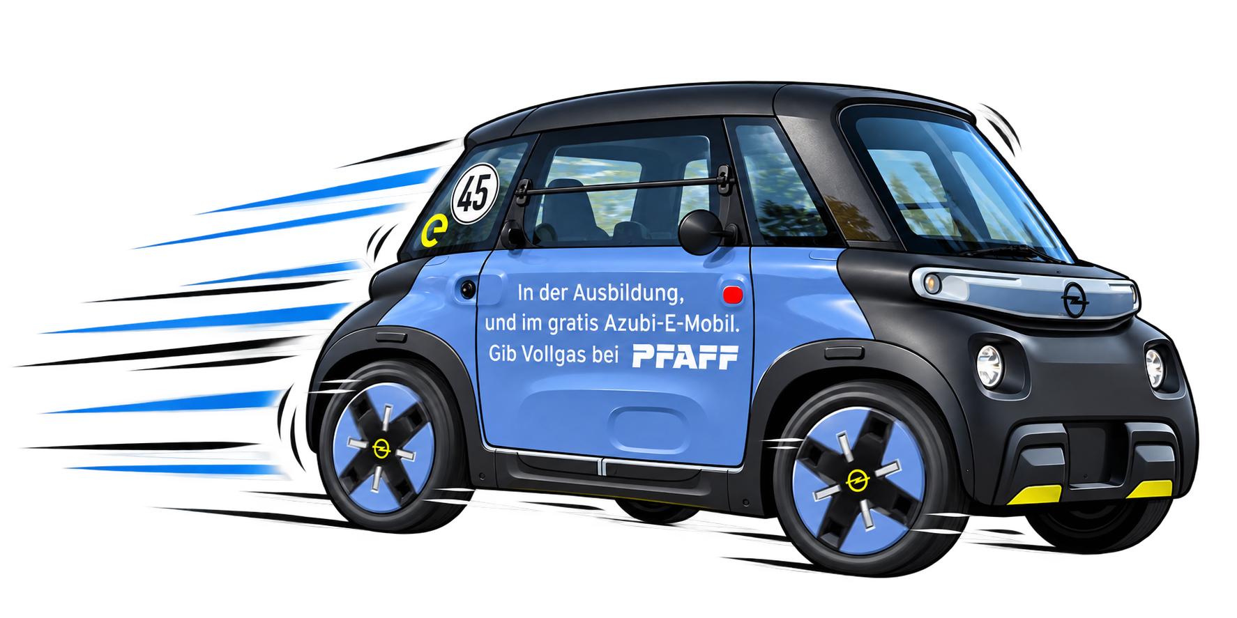 PFAFF apprentice e-car with the inscription "In apprenticeship and in the free apprentice e-car. Go full throttle at PFAFF"