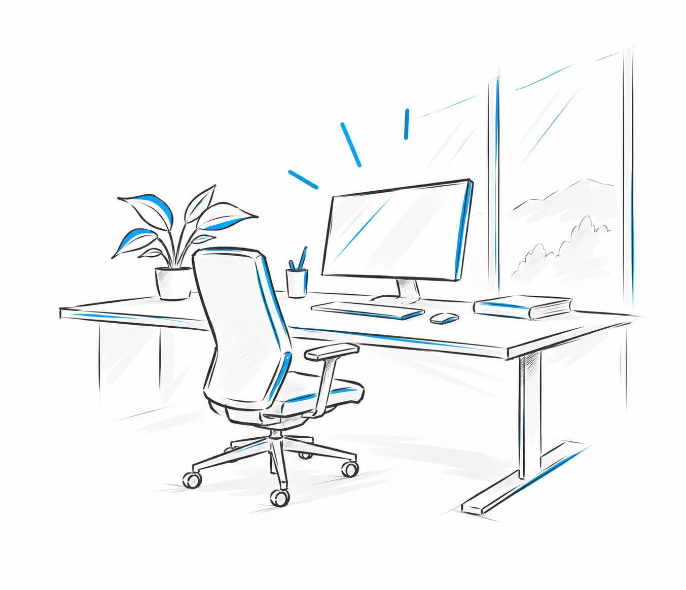 Illustration: Modern office workstation with standing desk and large monitor